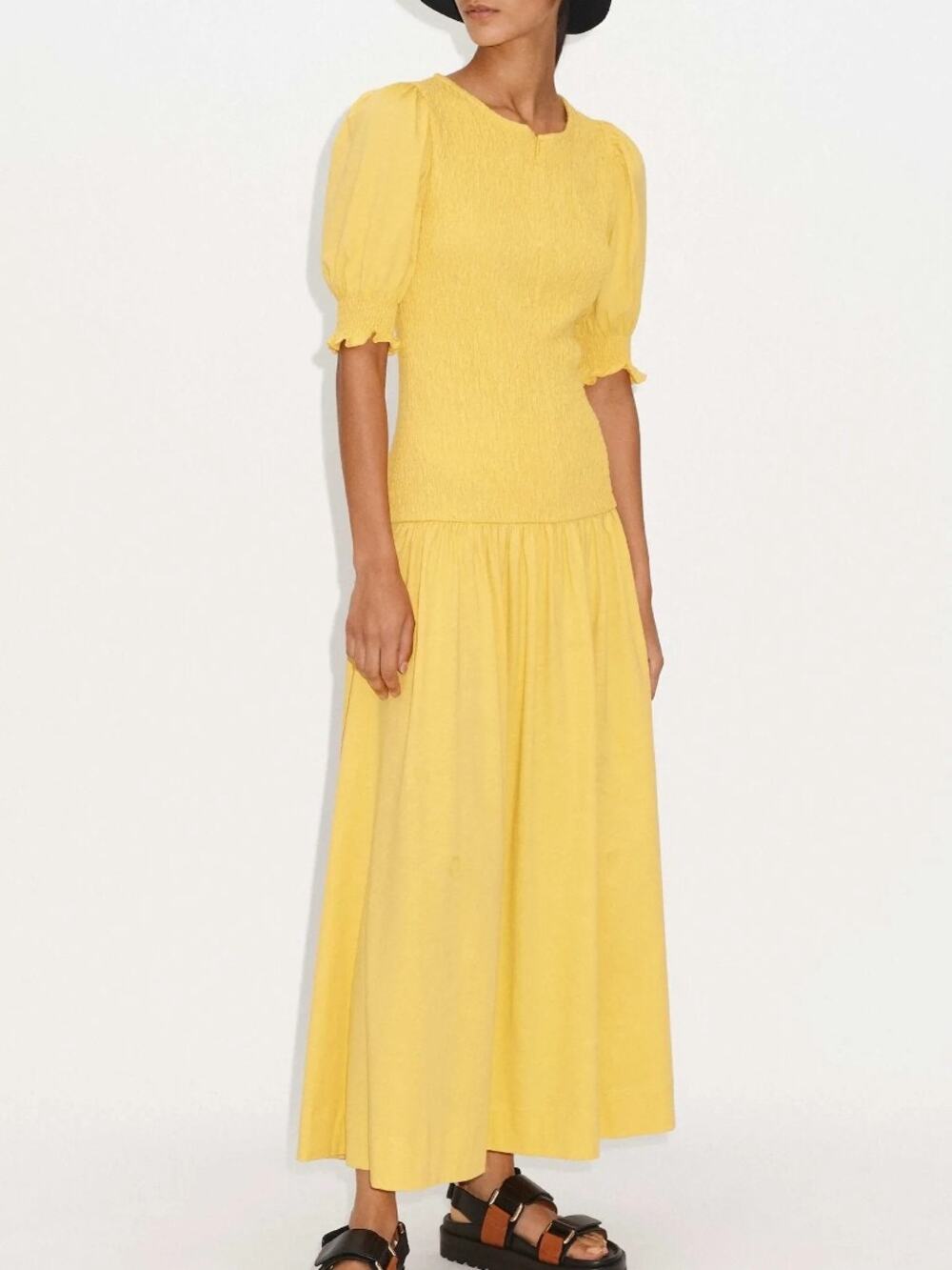 ME+EM Yellow Slub Jersey Smocked Drop Waist Puff Sleeve Maxi Dress Size US 2